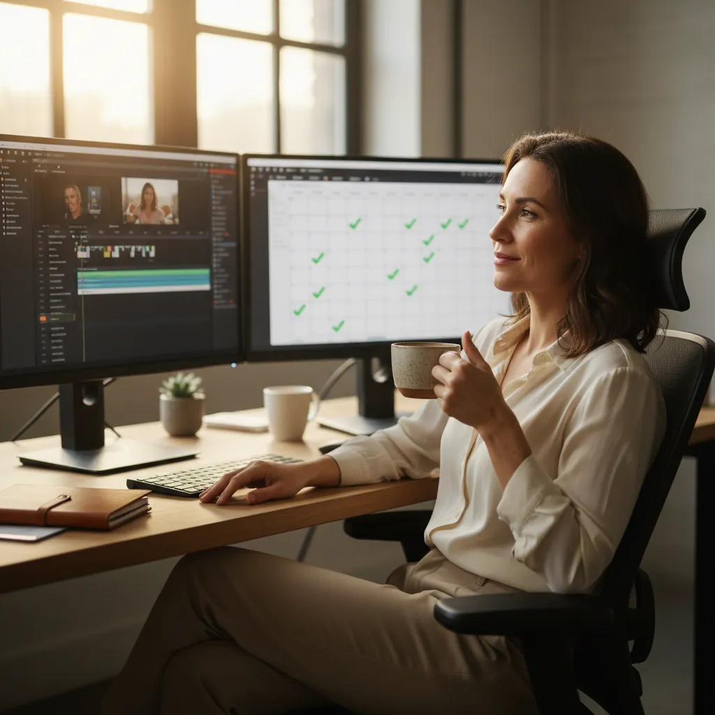 A photorealistic editorial photograph of a woman in her mid-30s sitting at a clean dual-monitor workstation in a modern,...
