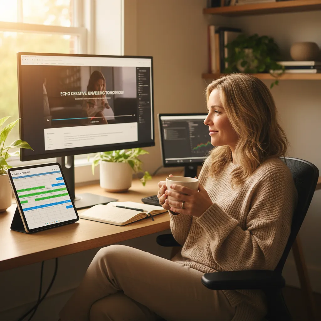 A photorealistic, candid editorial photograph of a woman in her mid-30s seated at a clean, well-organized desk in a...