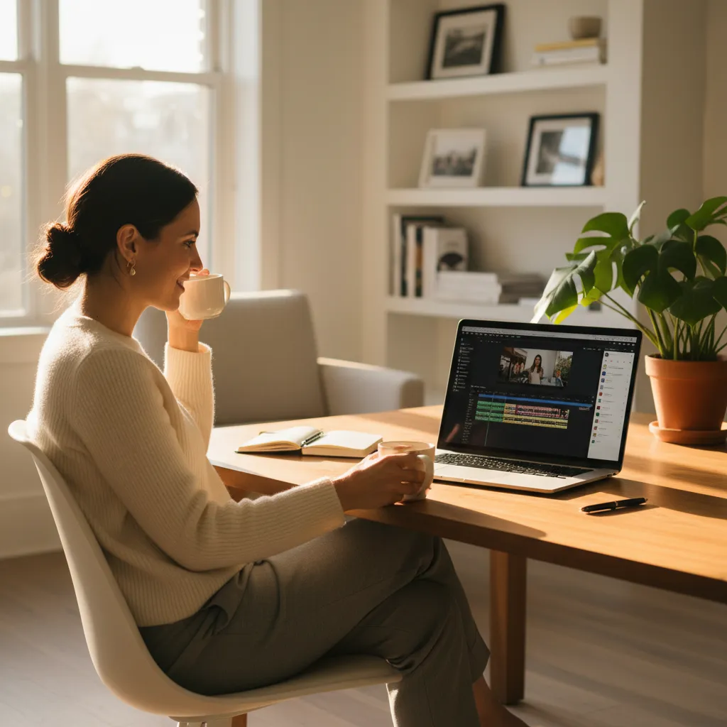 A photorealistic editorial photograph of a woman in her early thirties sitting at a clean, sunlit desk in a modern home...