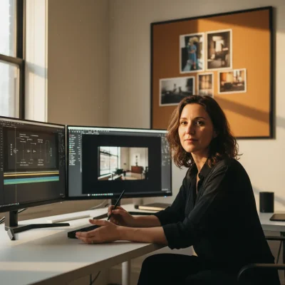 A photorealistic documentary-style medium shot of a creative director in her mid-30s seated at a clean, well-organized...