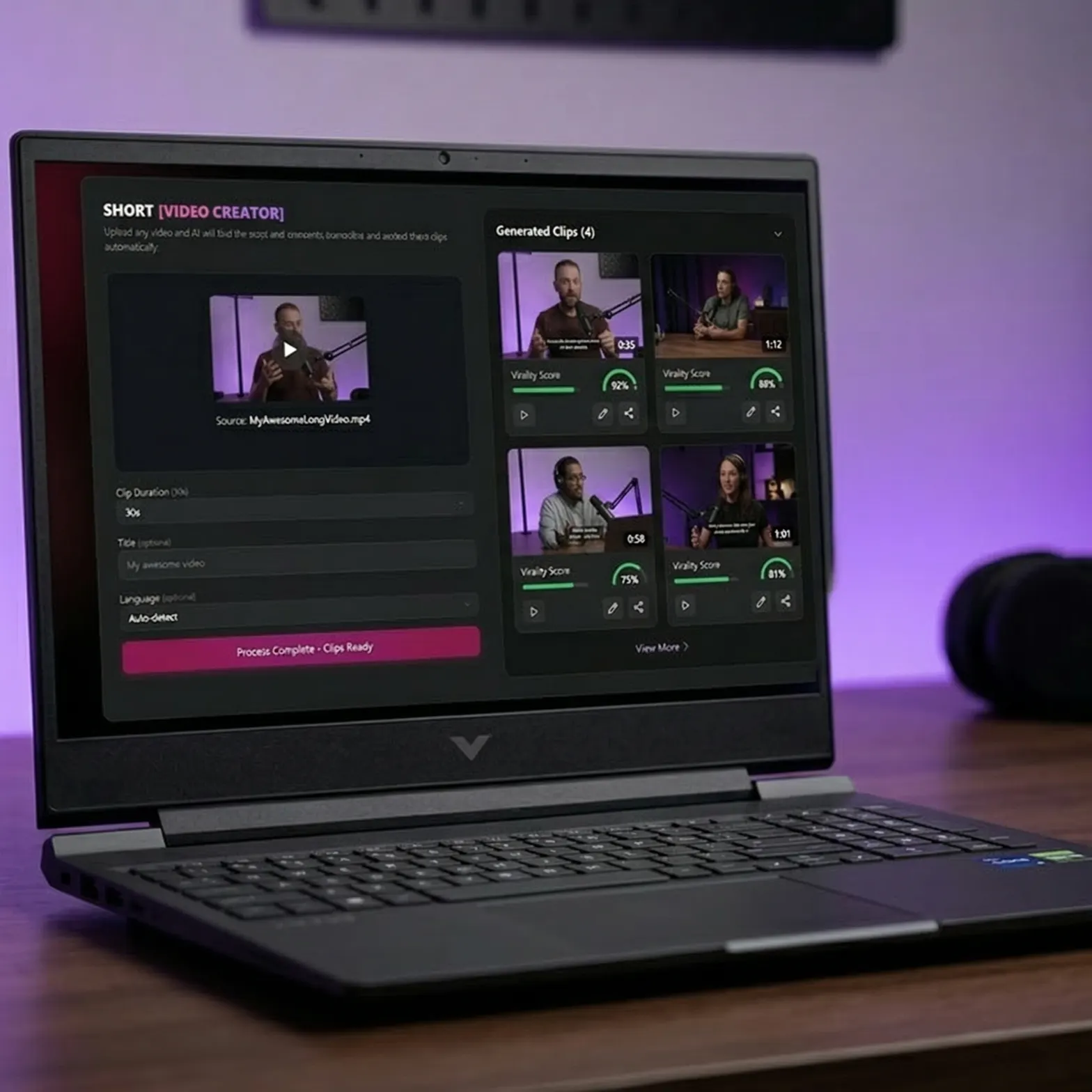 Short Video Creator results view showing 4 generated clips with Virality Score badges and Process Complete status on a laptop